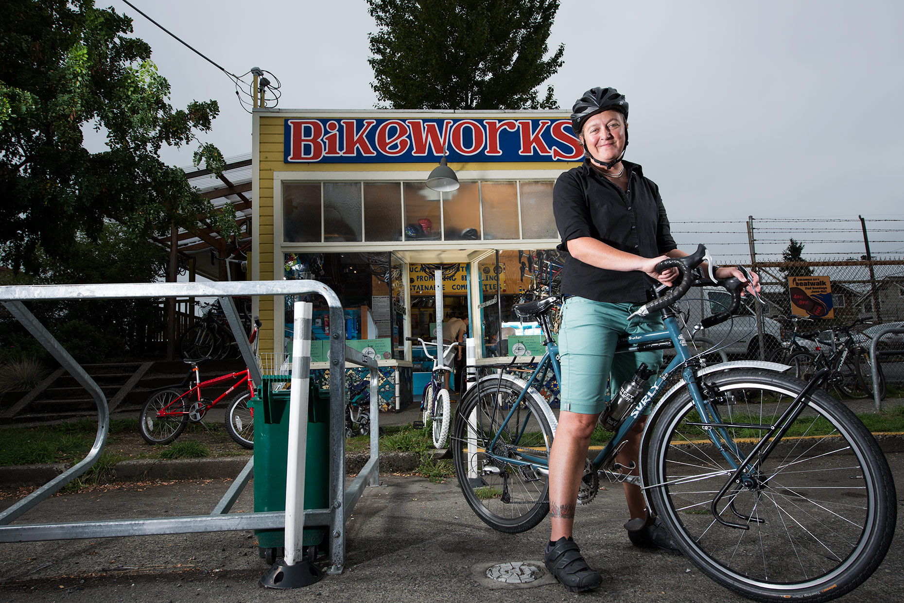 Editorial portrait of  BikeWorks program director by Jim Meyers  / Vertizon Photography
